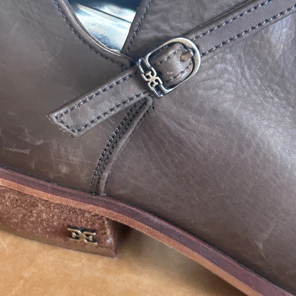 Leather Ankle Booties Western Equestrian Stacked Heel Brown 6 Sam Edelman - Picture 7 of 10